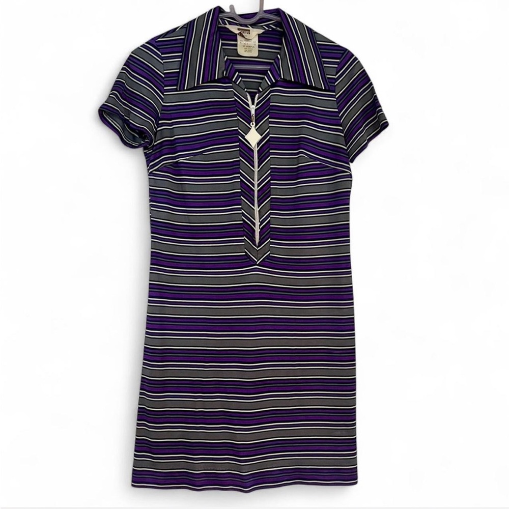 Vintage Montgomery Ward Striped Purple Dress with Zipper Charm Dagger Collar